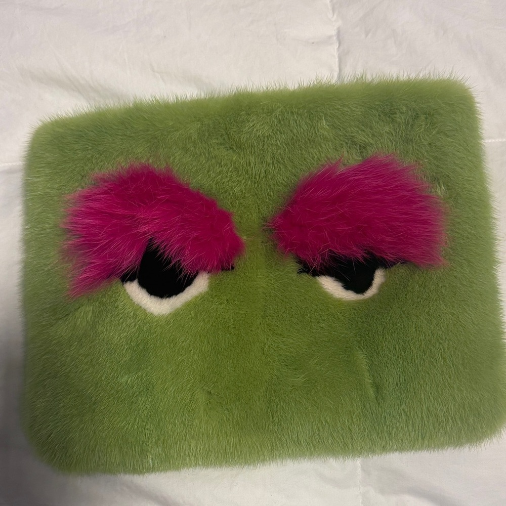 Green Furry Eye Clutch with Pink Eyebrows